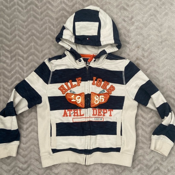 4T Boys Tommy Hilfiger striped Blue & Cream Zip Up Hoodie Sweater - Picture 1 of 4